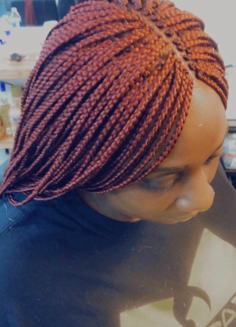 Red box braids close up